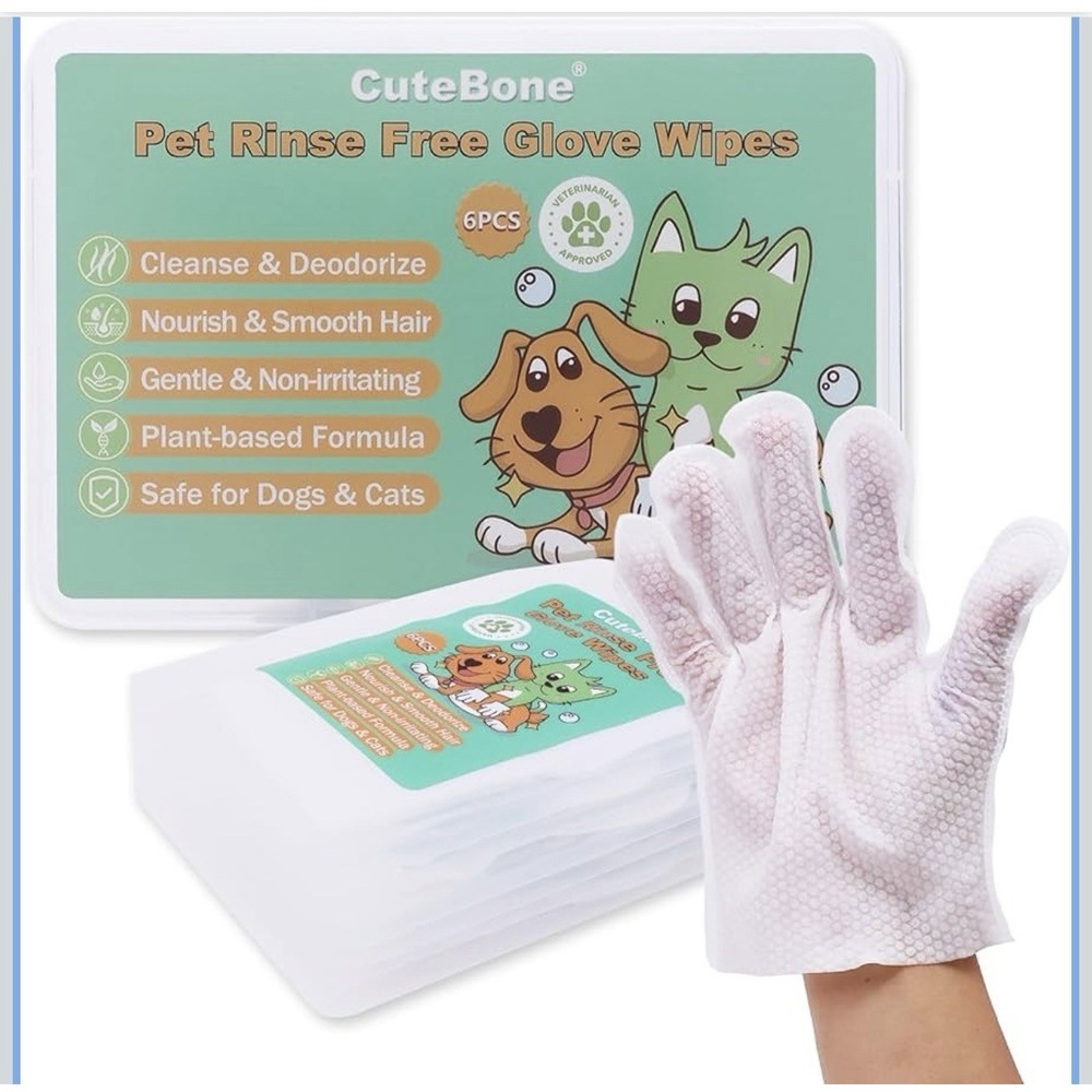 CuteBone Pet Rinse Free Glove Wipes for Dogs & Cats Grooming 6 Count